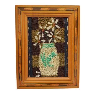 Rustic Needle Punch Fiber Textile Art Flower Kerr Jar Vase Framed Primitive Vtg